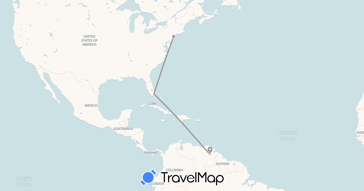 TravelMap itinerary: driving, plane in United States, Venezuela (North America, South America)